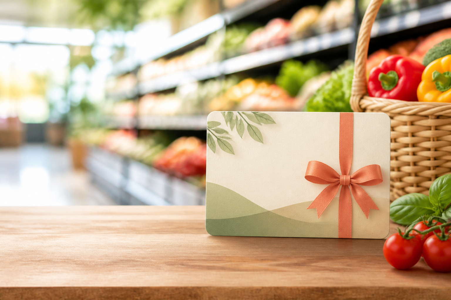 Generic grocery gift card in a produce aisle